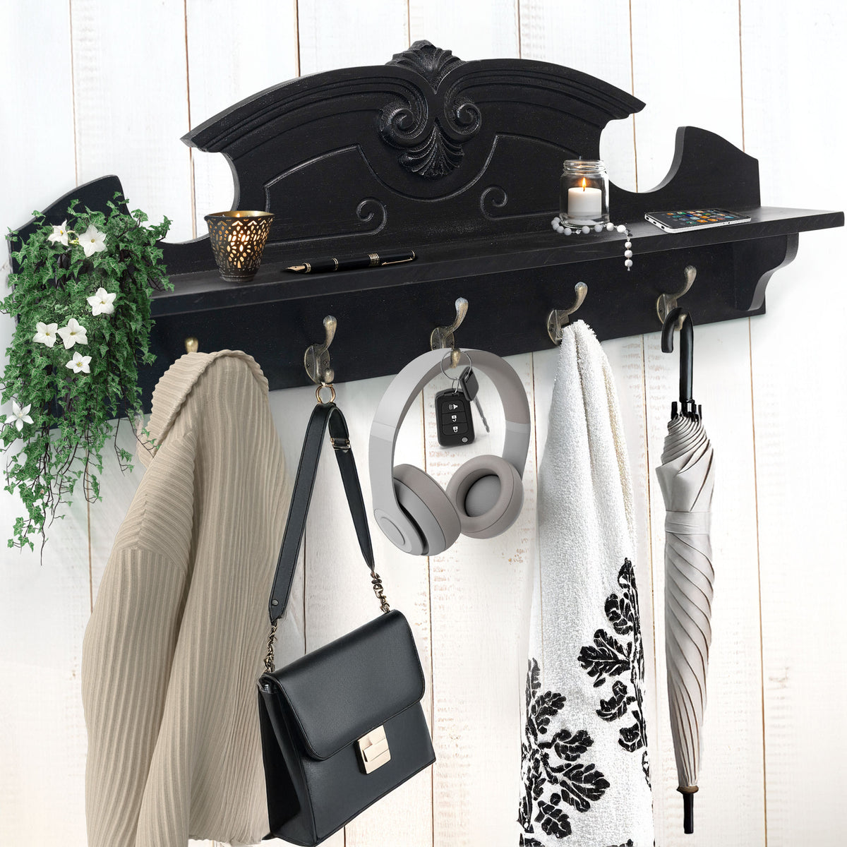 Solid Black Gothic Coat Hanger Wall Mount with Shelf – Felt