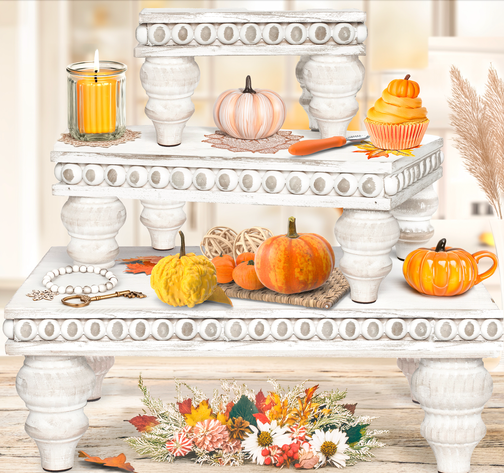 Decorative White Rustic Wooden Risers - Set of 3