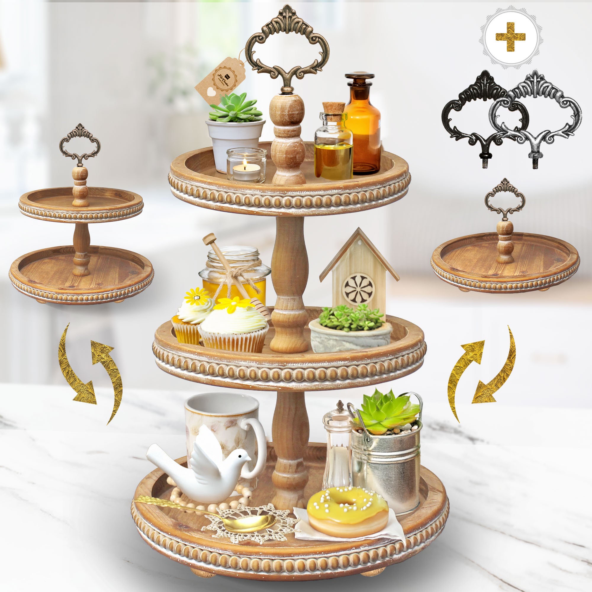 3 tiered serving stand, a beautiful piece with a rustic wood tray finish, perfect for the shabby chic farmhouse home! Transform your space with the timeless charm of this 3 tier wooden tray, a versatile addition designed to enhance your home’s decor and organization. Whether used as a 3 tier serving tray wooden set or a 3 tier fruit basket for counter tops, this piece effortlessly combines beauty and practicality. This tiered fruit tray helps keep your kitchen or dining area organized while maintaining its 