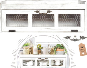 Chicken wire countertop organizer featuring a farmhouse chicken wire countertop shelving cabinet and a farmhouse chicken wire countertop shelf design.