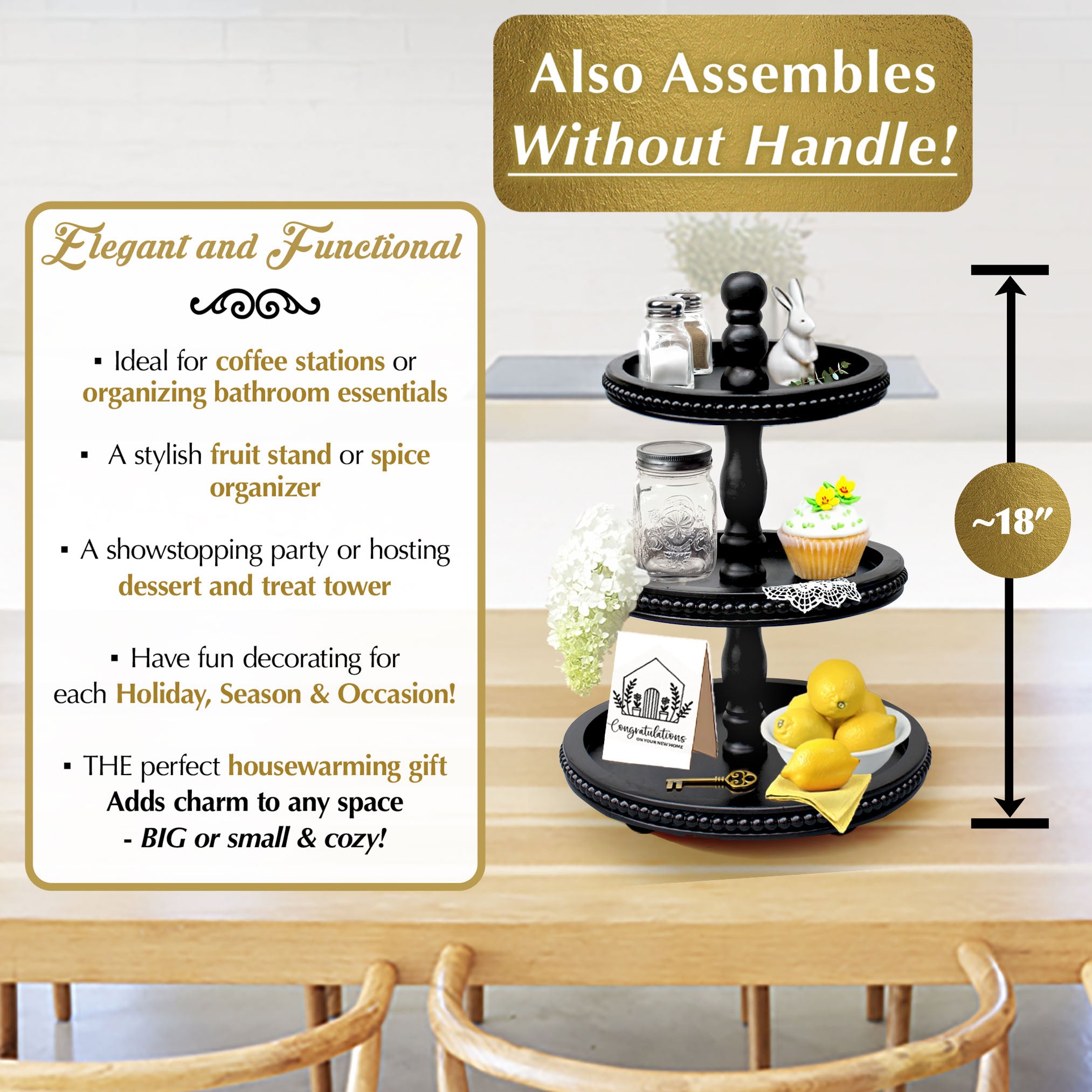 3-in-1 Beaded Bold Black Wooden Tiered Tray (New Size)