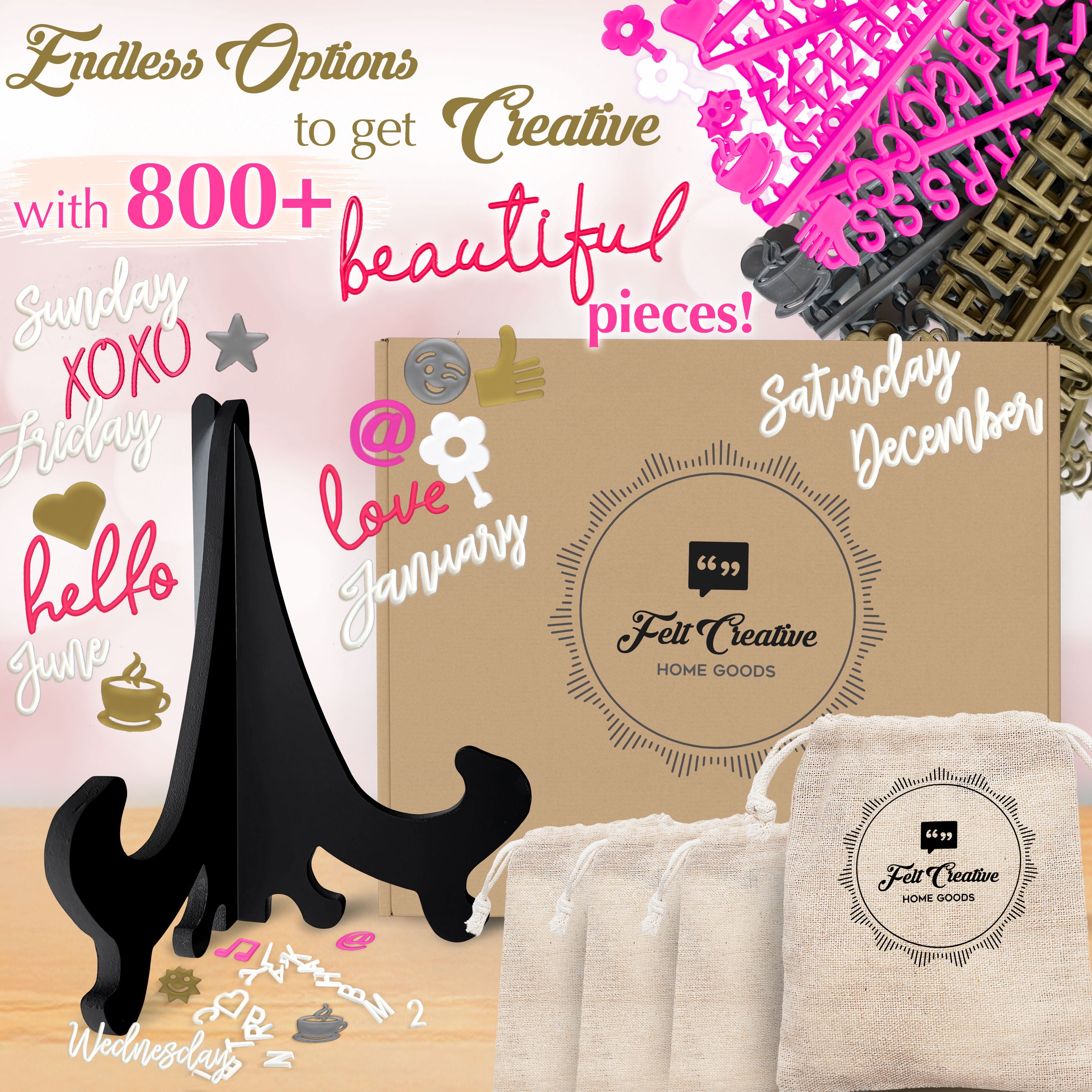 10"  Black Rustic Frame Gothic Black Feltboard Ultimate Bundle