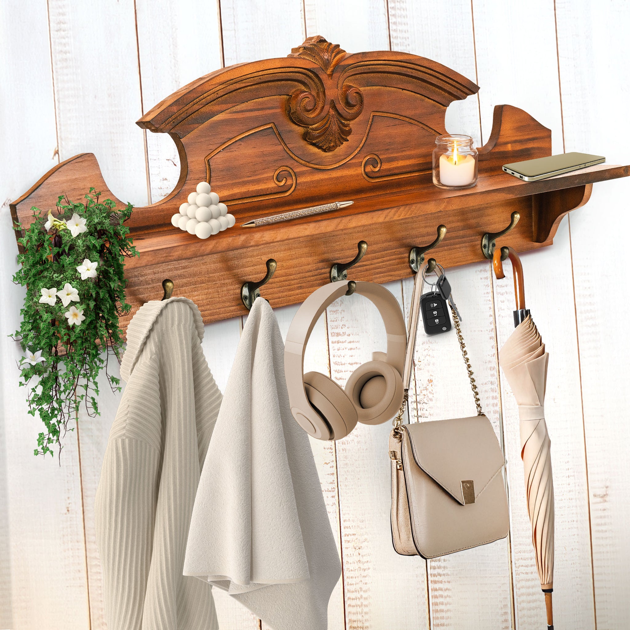 Toasted Chestnut Coat Hanger Wall Mount with Shelf Felt Creative Home Goods