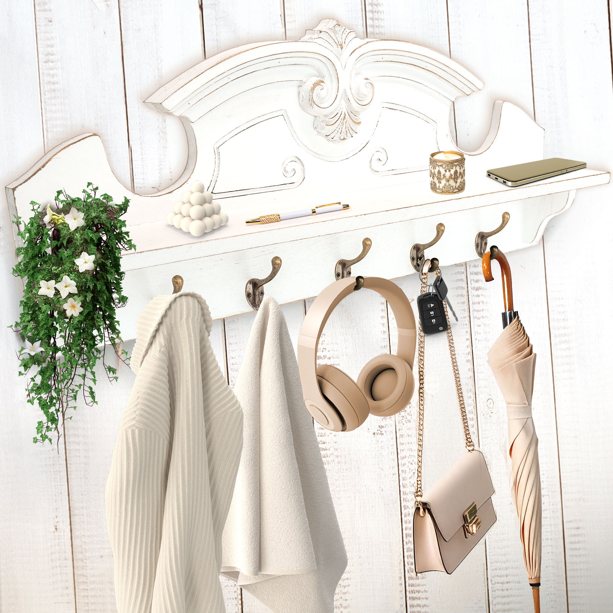 Rustic White Coat Hanger Wall Mount with Shelf Felt Creative Home Goods