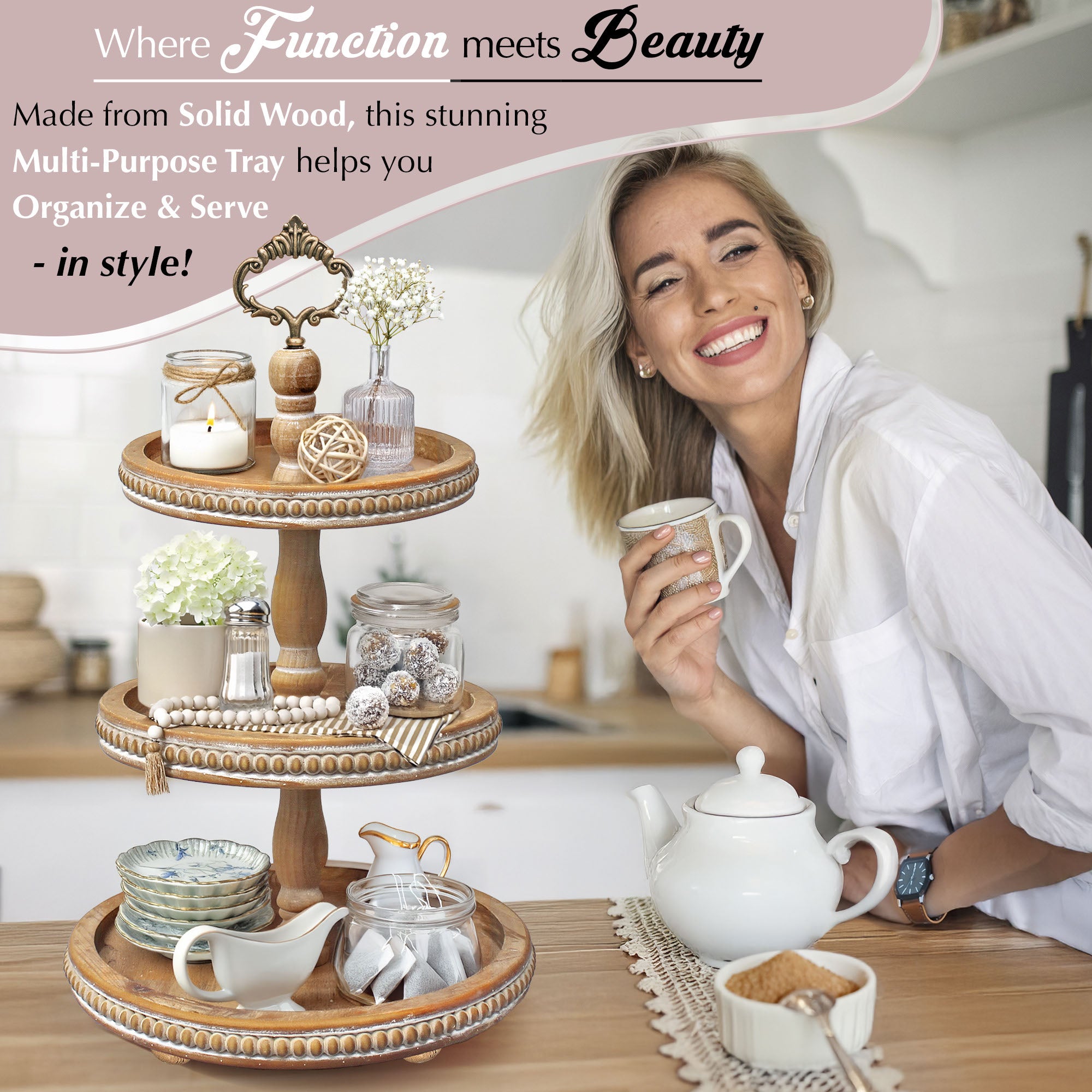 wooden tier centerpiece is designed to last through countless occasions. Its spacious design allows for versatility, making it an excellent addition to event setups or daily decor. Use it as a 3 tiered wooden tray stand or as an elegant solution for organizing your dining or kitchen spaces. Perfect for entertaining, our 3 tiered country tray offers ample space for serving appetizers, desserts, or snacks.